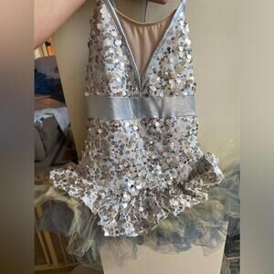 Art Stone Silver Sequin Dance Costume with Tulle Skirt